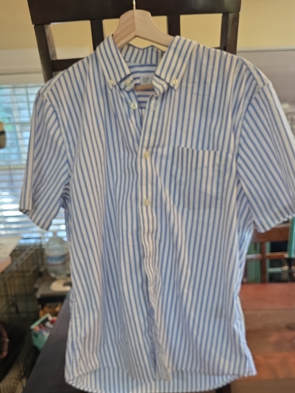 GAP Short-Sleeve Vertical Blue and White Stripe Button-Down Shirt